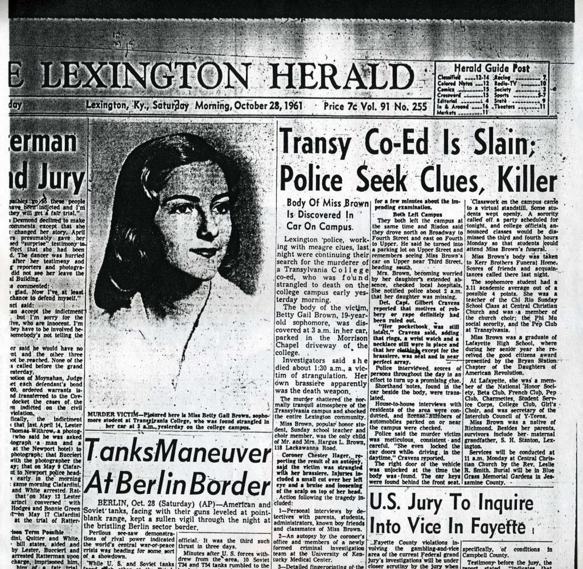 The front page of the Oct. 28, 1961, Lexington Herald, containing the story of the killing of Transylvania College student Betty Gail Brown.