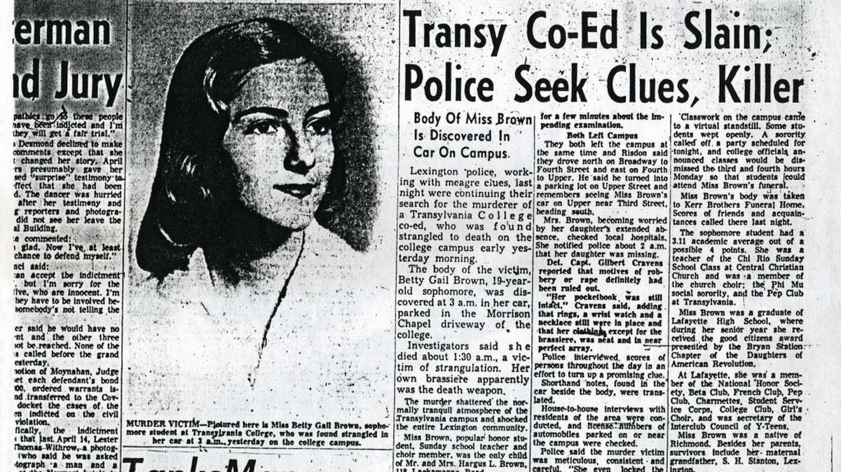 The front page of the Oct. 28, 1961, Lexington Herald, containing the story of the killing of Transylvania College student Betty Gail Brown.