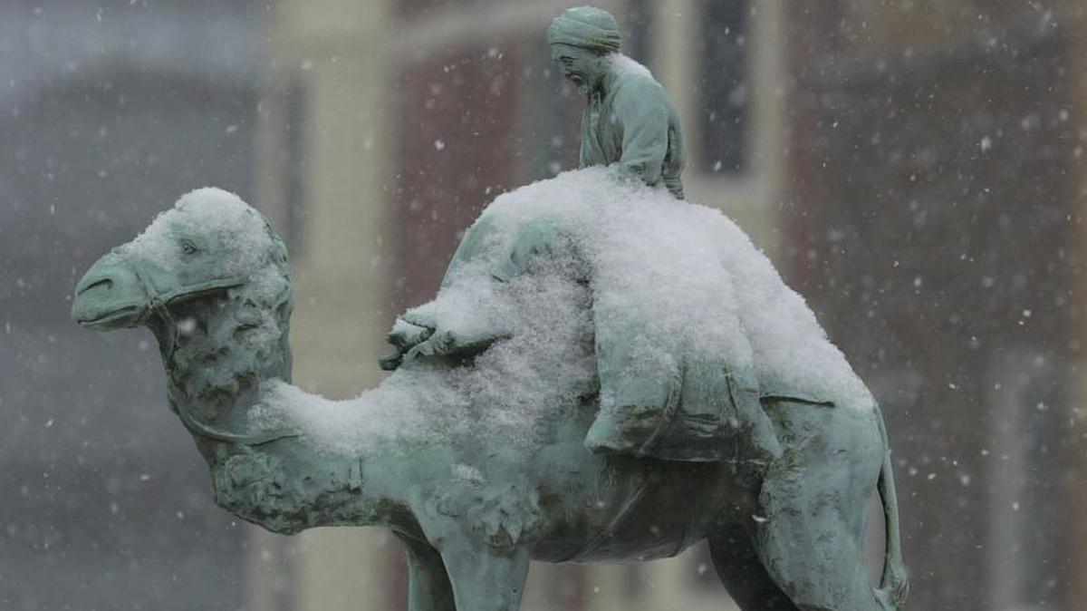 The camel and rider denoting the zero milestone for Lexington, starts to be covered in snow during an afternoon snow storm in Lexington, KY, Thursday, January 16, 2003. The statue is near the corner of Main and Limestone in Phoenix Park in downtown Lexington.