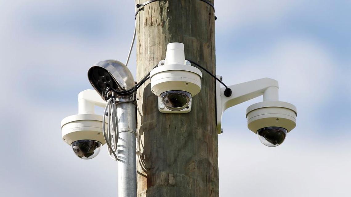 Surveillance cameras in Berry Hill Skatepark in Lexington. A sign at the entrance states that video cameras are in use.