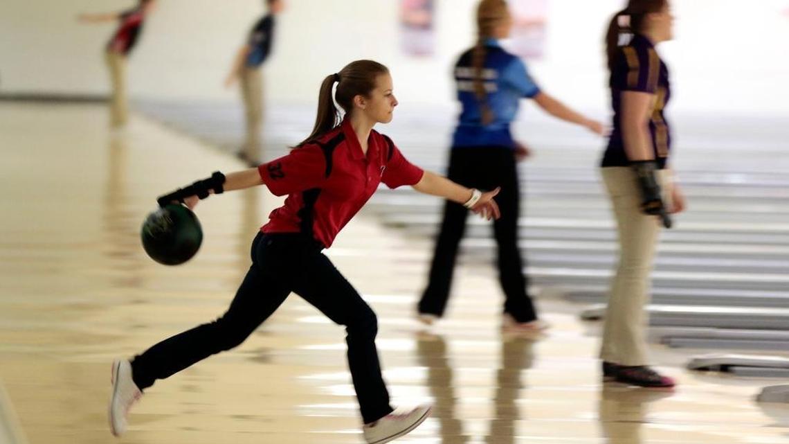 Mirena Combs, an eighth-grader at Newport High School, bowled during the KHSAA state bowling championships in February 2015 at Eastland Bowling Lanes in Lexington.