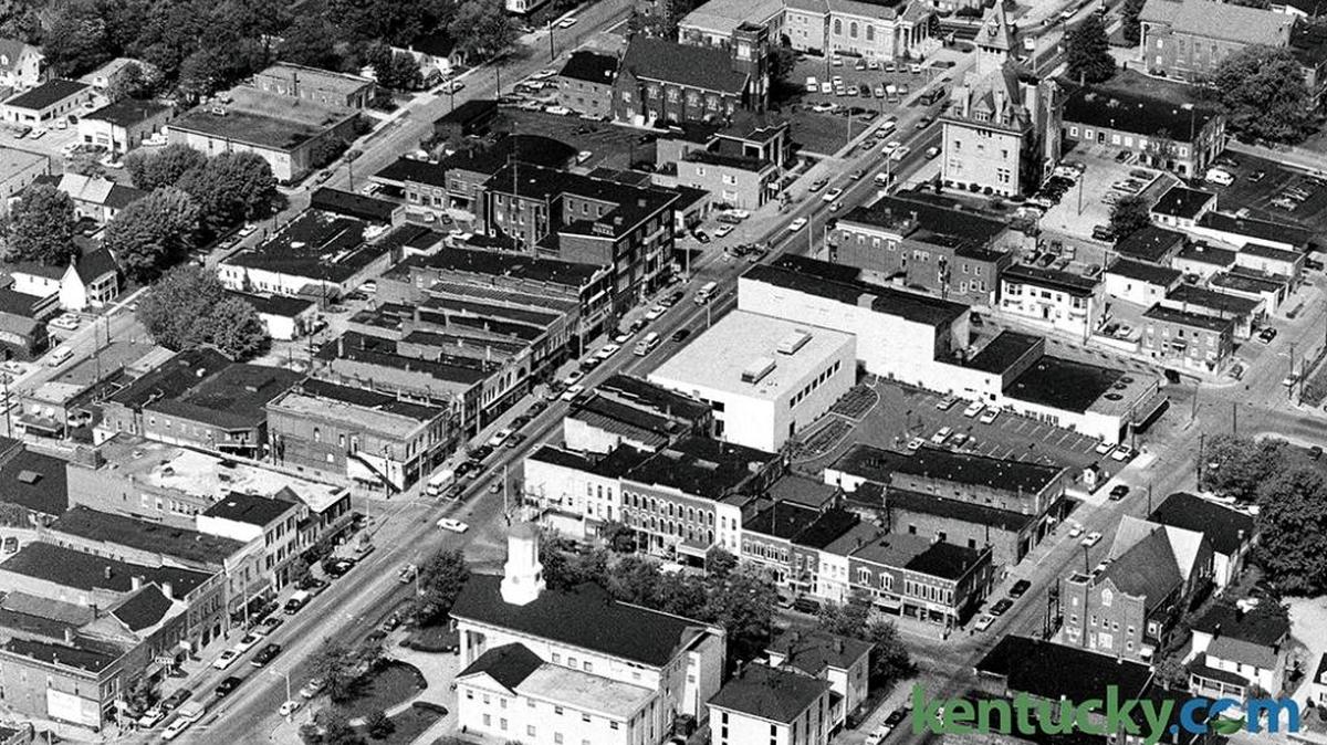 An aerial view of downtown Richmond, June 1977. Main Street runs from lower left to upper right. At the bottom is the Madison County Courthouse.