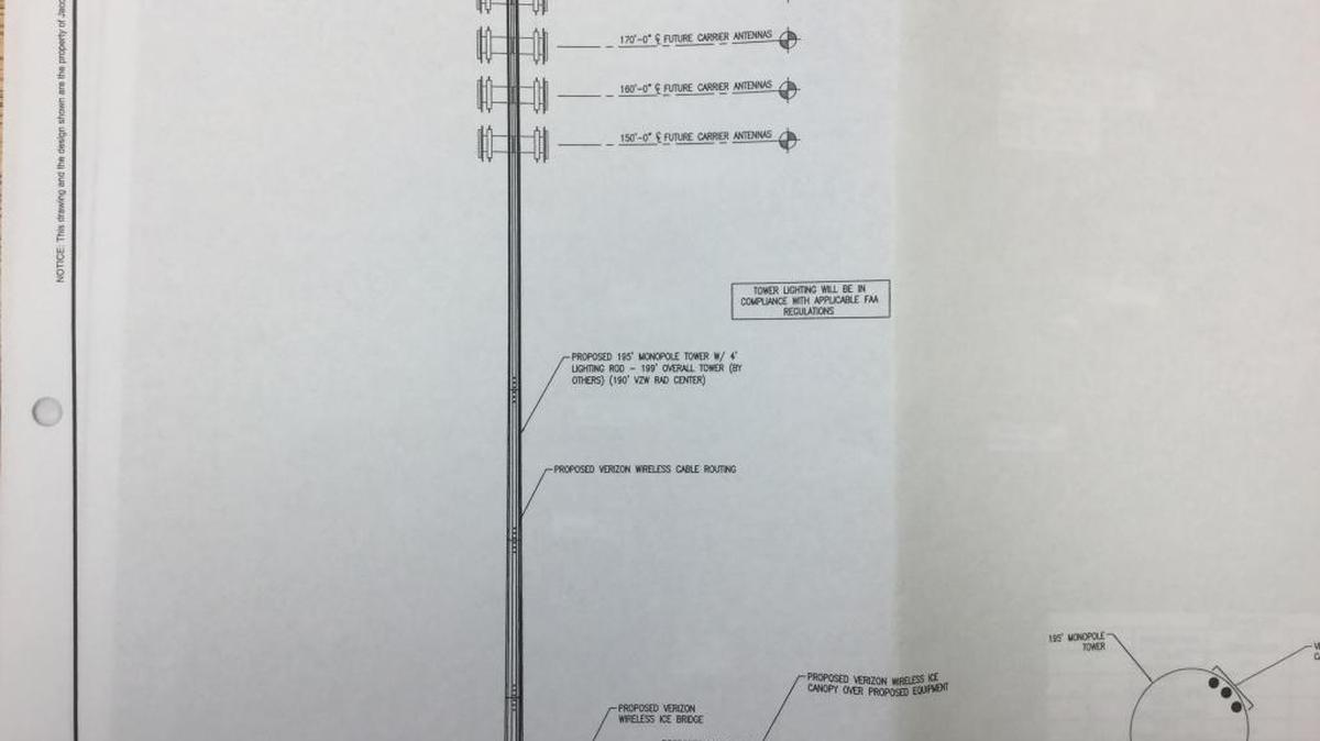 This diagram in the application for a proposed Verizon Wireless cell phone tower on Crumbaugh Road in Scott County depicts how the 199-foot monopole tower would have looked.