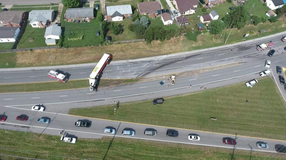 Aerial view of an accident involving a semi truck and pickup truck on U.S. 60 in Versailles Monday afternoon, July 25, 2016.