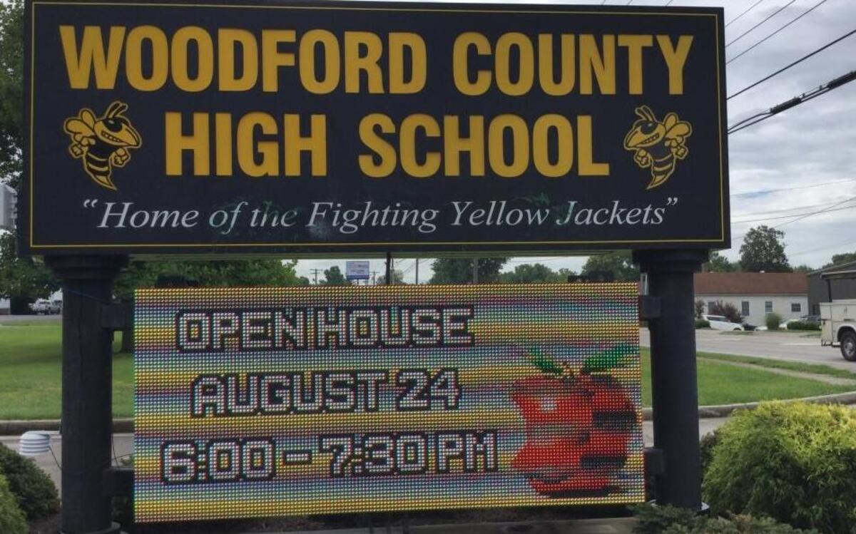 Woodford County High School’s electronic billboard flashed messages and announcements on Monday.