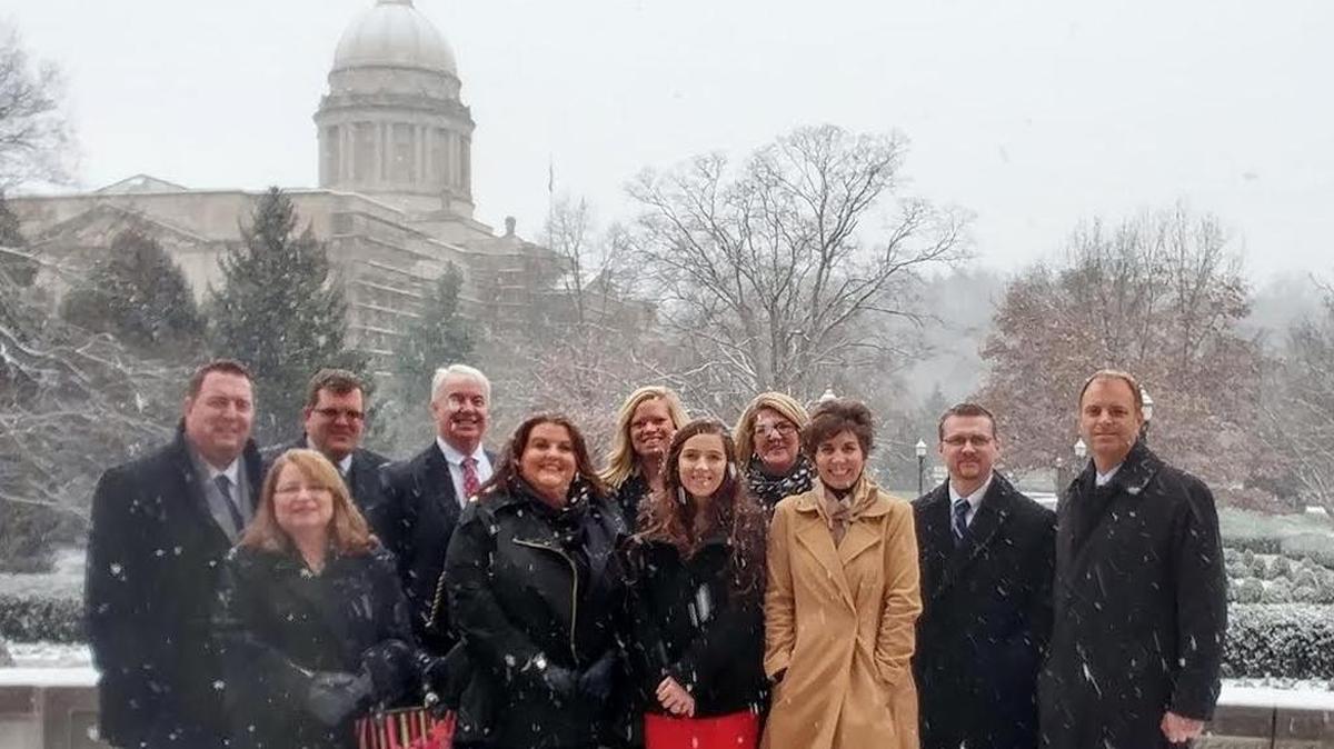 Leadership Woodford County, an annual program led by the Woodford County Cooperative Extension Service and the Woodford Chamber of Commerce, visited the Capital for State Government Day. The program, which meets monthly, provides a forum for leaders and future leaders to study the community and learn the skills they will need to help promote change, improve quality of life and lead. Front row, from left, are Lea Martin, Mary Hernandez, Tonya Cocanougher and Lisa Johnson. Back row, from left, are Justin Carrol, Robert Williams, Jackie Cecil, Julie Goodpaster, Leeann Bland, Jonathon Tilford and Rick Beasley.