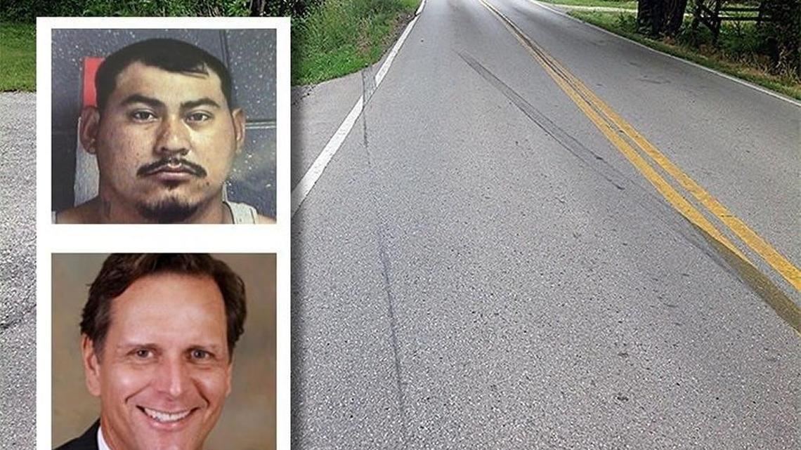 Skid marks can be seen at the site where Mark Hinkel, bottom, was struck and died after being hit by a vehicle allegedly driven by Odilon Paz-Salvador, top. Hinkel was hit while participating in the 2015 Horsey Hundred cycling event in Scott County.