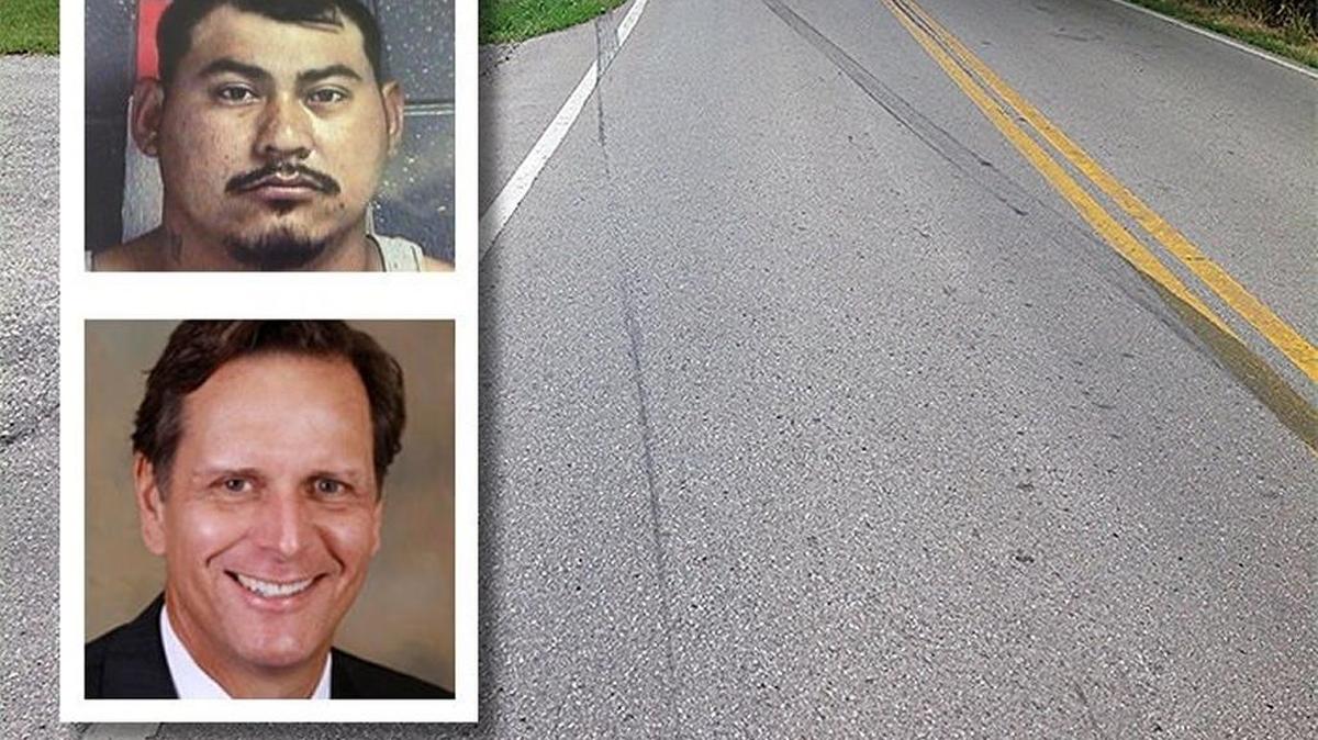 Tire marks could be seen at the site where Mark Hinkel, bottom, was struck by a truck allegedly driven by Odilon Paz-Salvador, top. Hinkel was hit while participating in the Horsey Hundred cycling event in May 2015 in Scott County.
