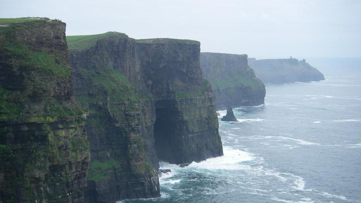 The Cliffs of Moher in County Clare, Ireland. The cliffs tower more than 650 feet at their highest and jut into the Atlantic Ocean. They’re one of Ireland’s top visitor attractions.
