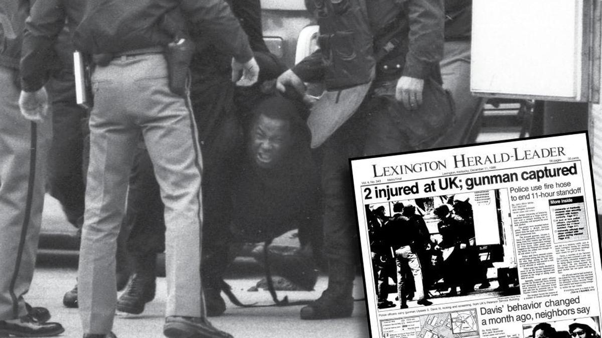 Lexington police officers carried Ulysses S. Davis III, kicking and screaming, from the University of Kentucky's Peterson Service Building on Dec. 10, 1986. Davis, a former UK custodian dressed as a Ninja warrior, took over a campus building for 11 hours and sprayed the area with gunfire. Two people were wounded before police blasted a 40-inch Samurai sword from his hand with a fire hose and overpowered him.