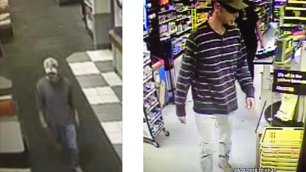 Lexington police say it's possible the man shown at left in the Chuck E. Cheese’s, is the same man who later that evening, robbed the Dollar General, shown at right.