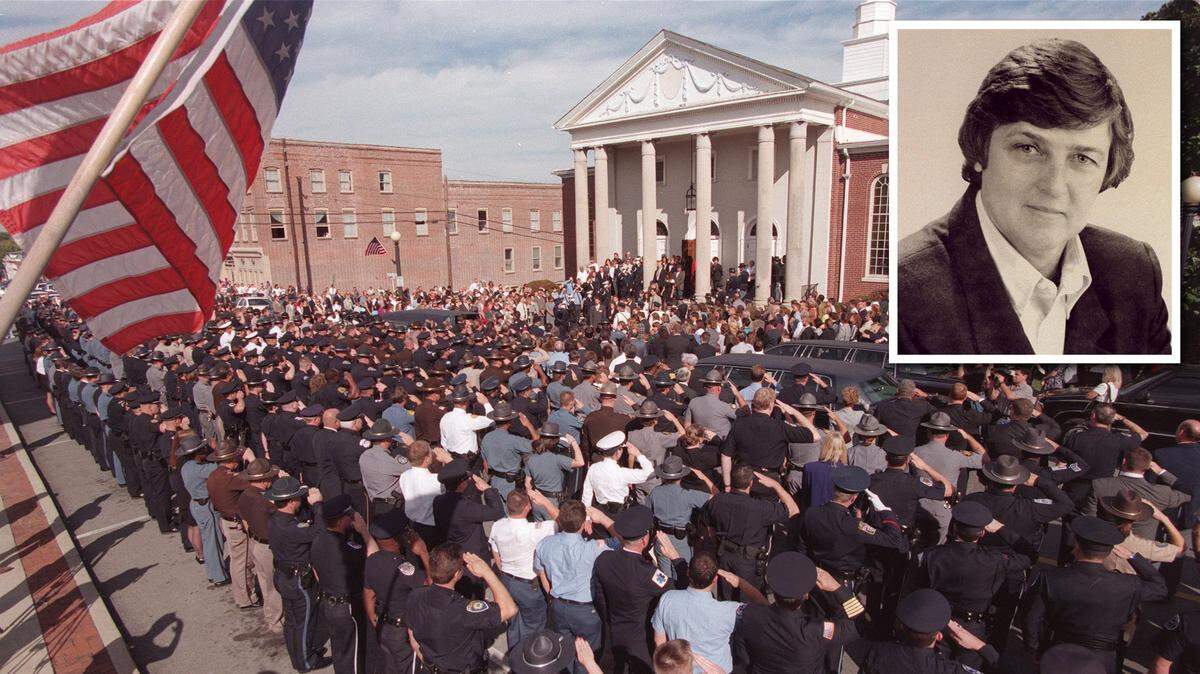 At the funeral of Harrodsburg police officer Regina Nickles, who was shot and killed while on duty in 1998, police from across Kentucky saluted as the casket was loaded into the hearse.