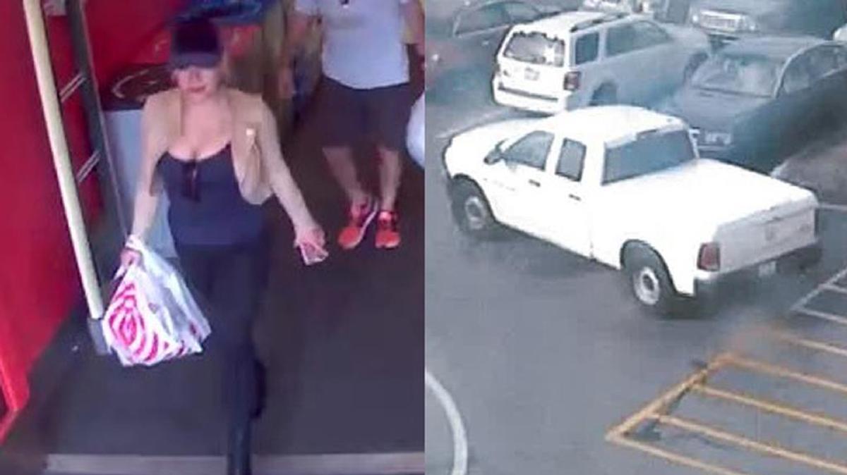 Suspect exiting a store and their vehicle.