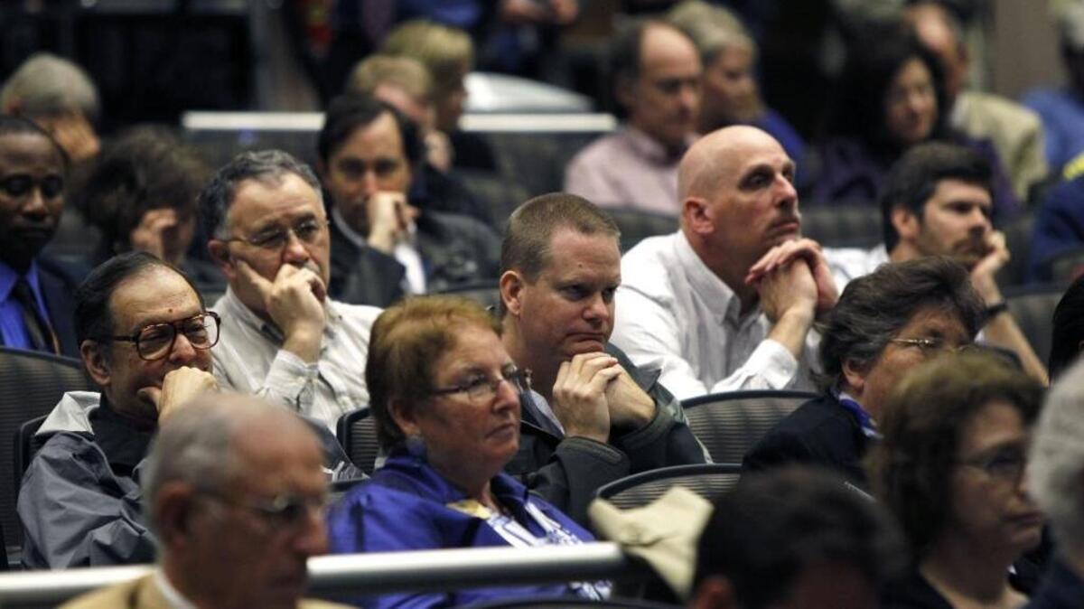 University of Kentucky faculty members listened to Eli Capilouto, who at the time had been chosen as the sole finalist for the presidency of UK, as he spoke during a faculty forum held in the Worsham Theater on the University of Kentucky campus in Lexington, Ky., Monday, May 2, 2011.