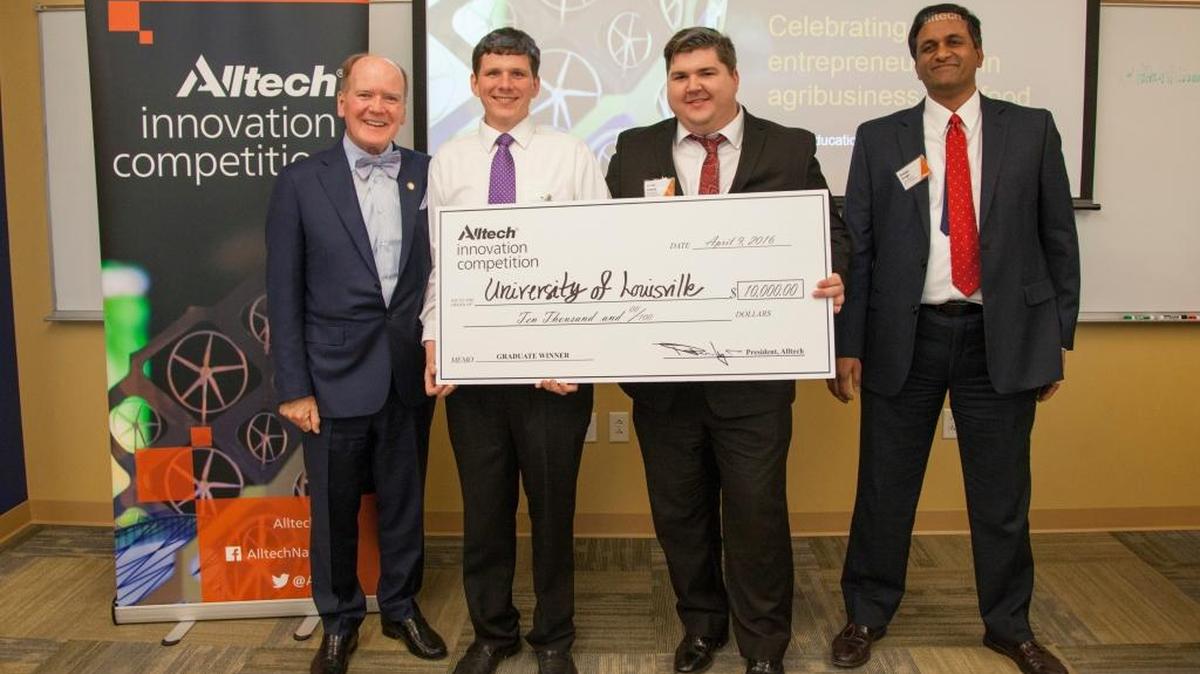 The University of Louisville team, including students Tedd Pollard, Aaron Searcy, Dr. Sanjay Singh and advisor Suzanne Bergmeister, won in the graduate category with their company “KYchen” at the 2016 Alltech Innovation Competition.