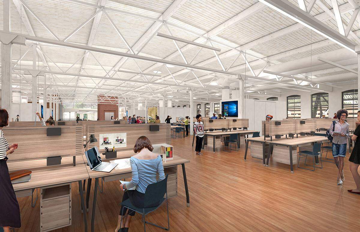 Architectural renderings from the University of Kentucky and Studio Gang show the studio space, entrance and main stairway that are planned for the Reynolds Building.
