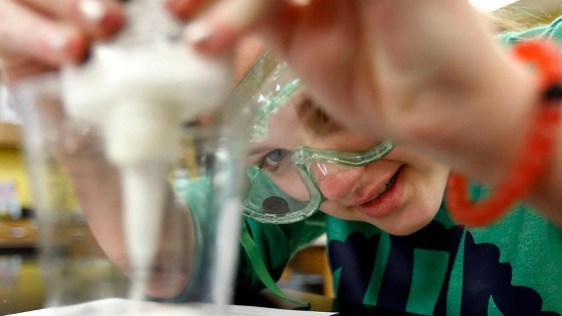 Eliza Snow, 12, worked on an chemistry experiment Tuesday in teacher Seth Miller’s pre-engineering class at Leestown Middle School. Kentucky Lt. Gov. Jenean Hampton is starting a pilot program in science, technology, engineering and math for middle school girls. The program is at Leestown and Tates Creek middle schools.