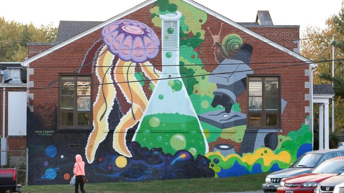 The mural on the side of the STEAM Academy at 123 East Sixth Street was painted as part of a recent PRHBTN art project in Lexington, Ky., Thursday, October 20, 2016. This was painted by local artists Geoff Murphy and John Penrose, founders of Fowl County, and friends.