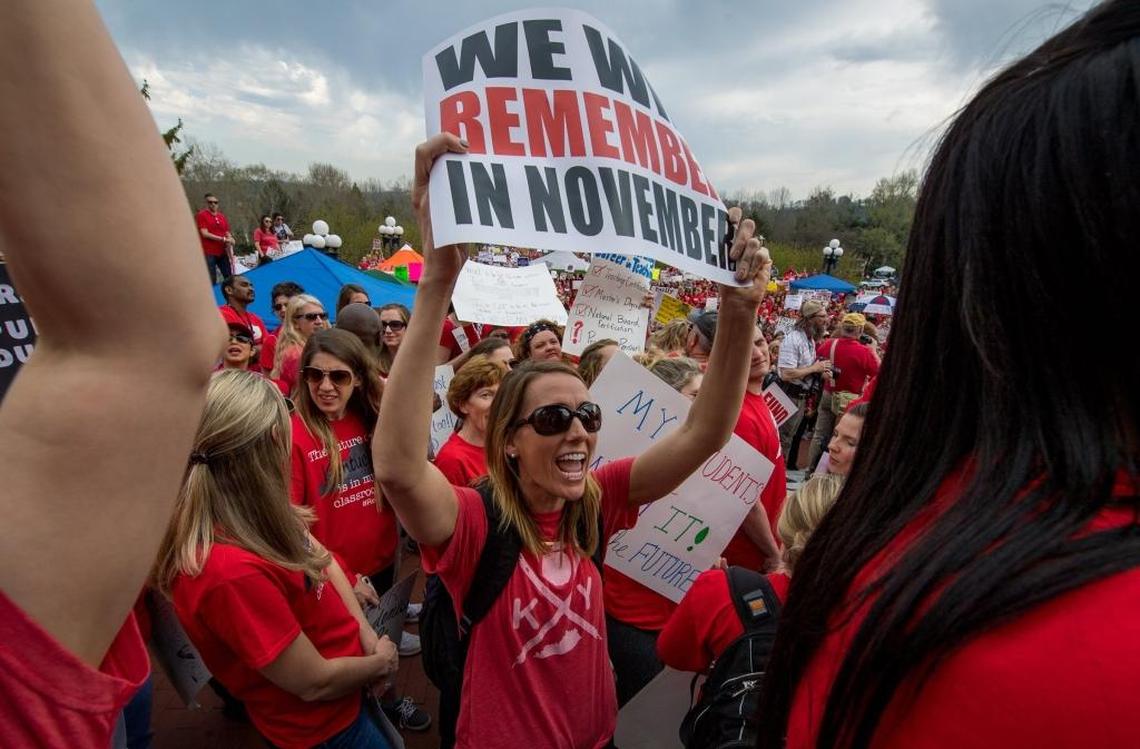 Teachers wore red during protests Friday at the Kentucky State Capitol. On Monday, some of them will head to the classroom wearing black to protest comments made by the governor that reverberated throughout the weekend and led him to make an apology Sunday.