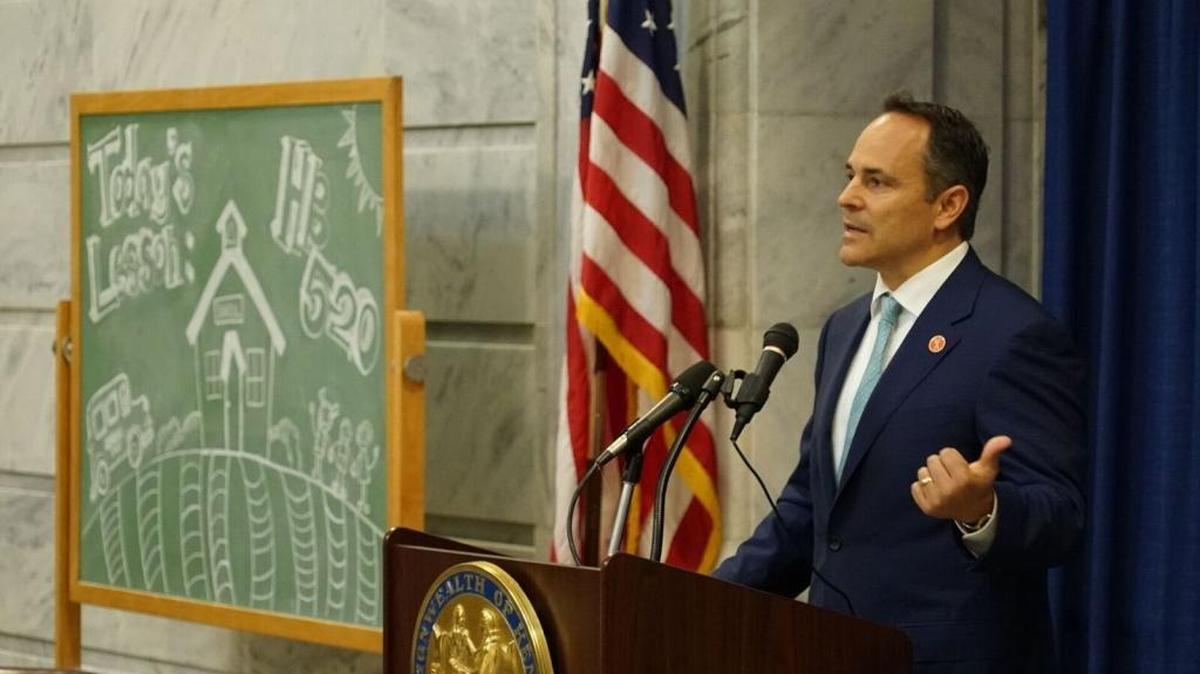 Gov. Matt Bevin speaks at the ceremonial signing of House Bill 520, Kentucky’s new charter school law on Oct. 17, 2017.