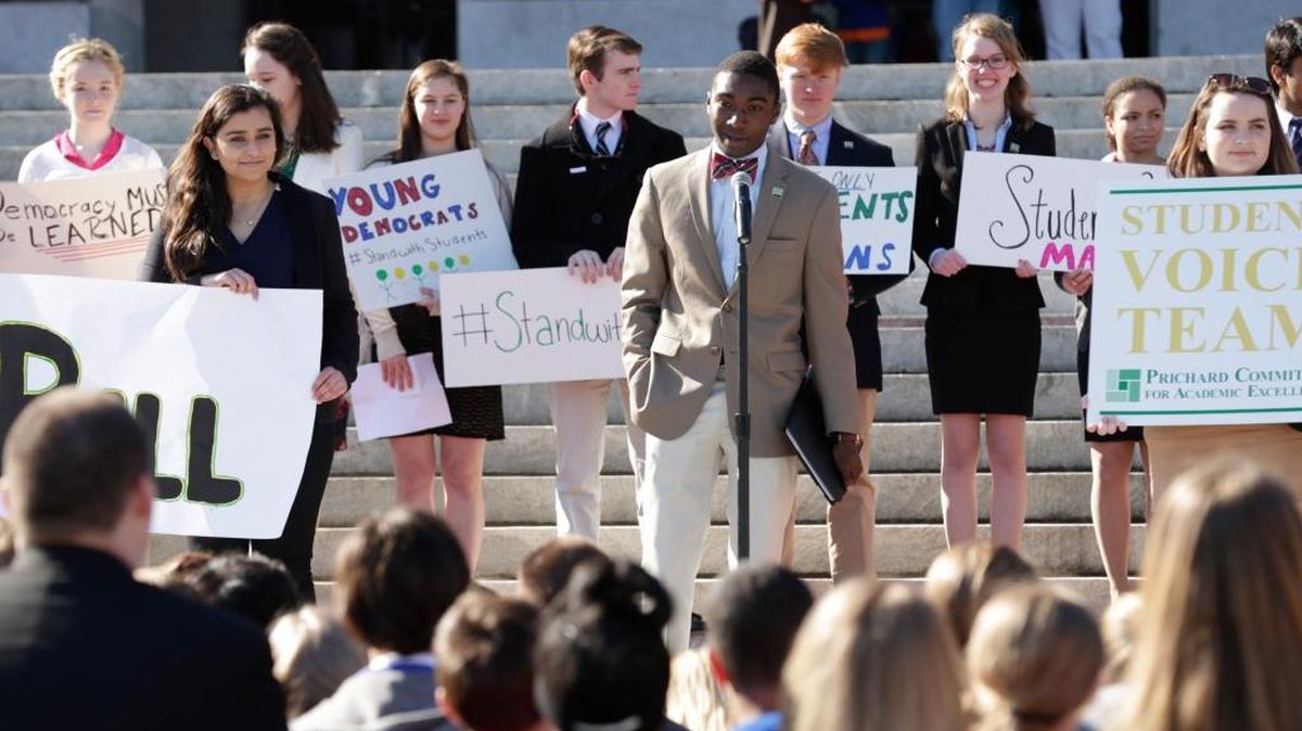 Andrew Brennen, a recent Dunbar graduate, introduced speakers at a rally in favor of a bill at the Capitol in Frankfort in March 23. The students were protesting a change to a bill they supported to allow high school students to serve on superintendent screening committees.