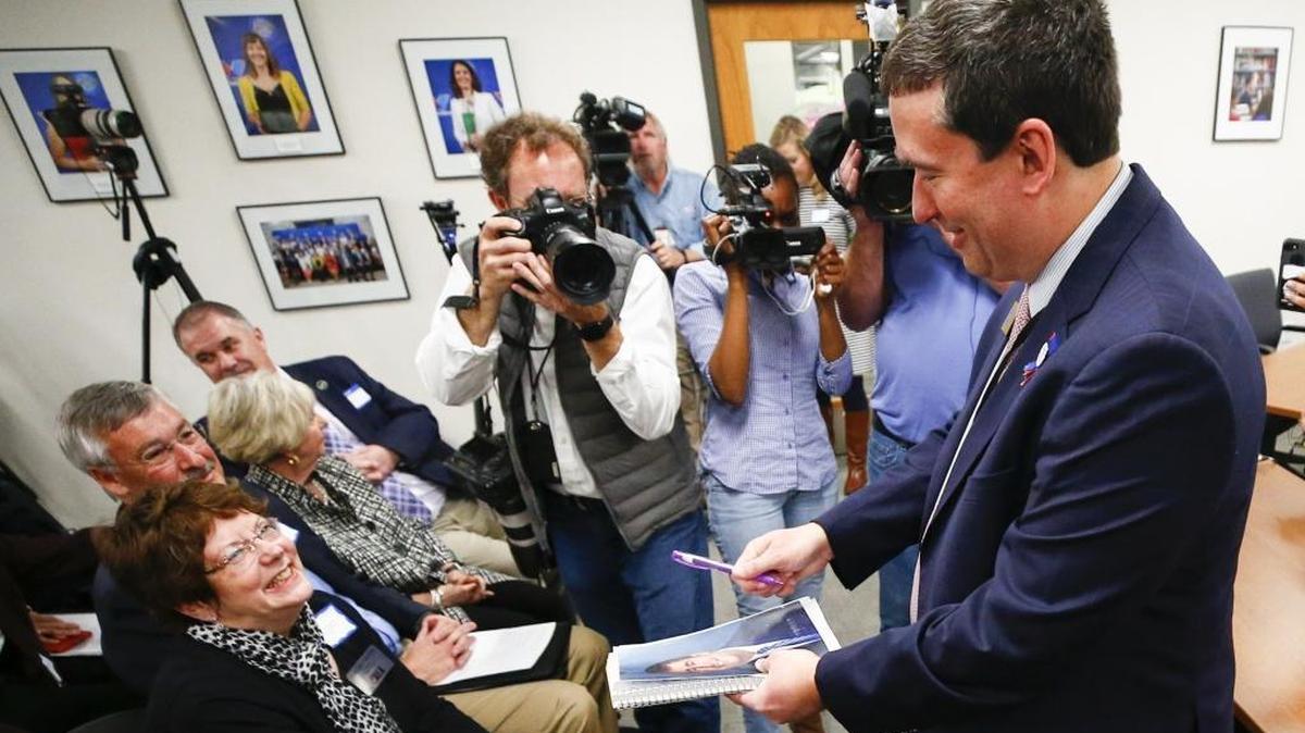 Sue Sweeney, of Owenton, Owen County Education Association President and science teacher at Owen County High, had an autograph signed by Education Commissioner Stephen Pruitt during an executive session at the Kentucky Department of Education Tuesday in Frankfort. Pruitt resigned after the four-hour board meeting.