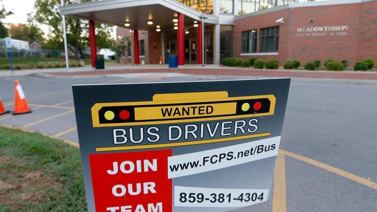 The Fayette County school district has job openings for bus drivers and monitors, cafeteria workers and custodians. This sign is in front of Meadowthorpe Elementary School in Lexington.
