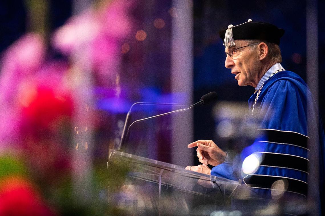 President Eli Capilouto speaks during the final University of Kentucky commencement ceremony of the weekend at Rupp Arena in Lexington, Ky., Sunday, May 16, 2021.