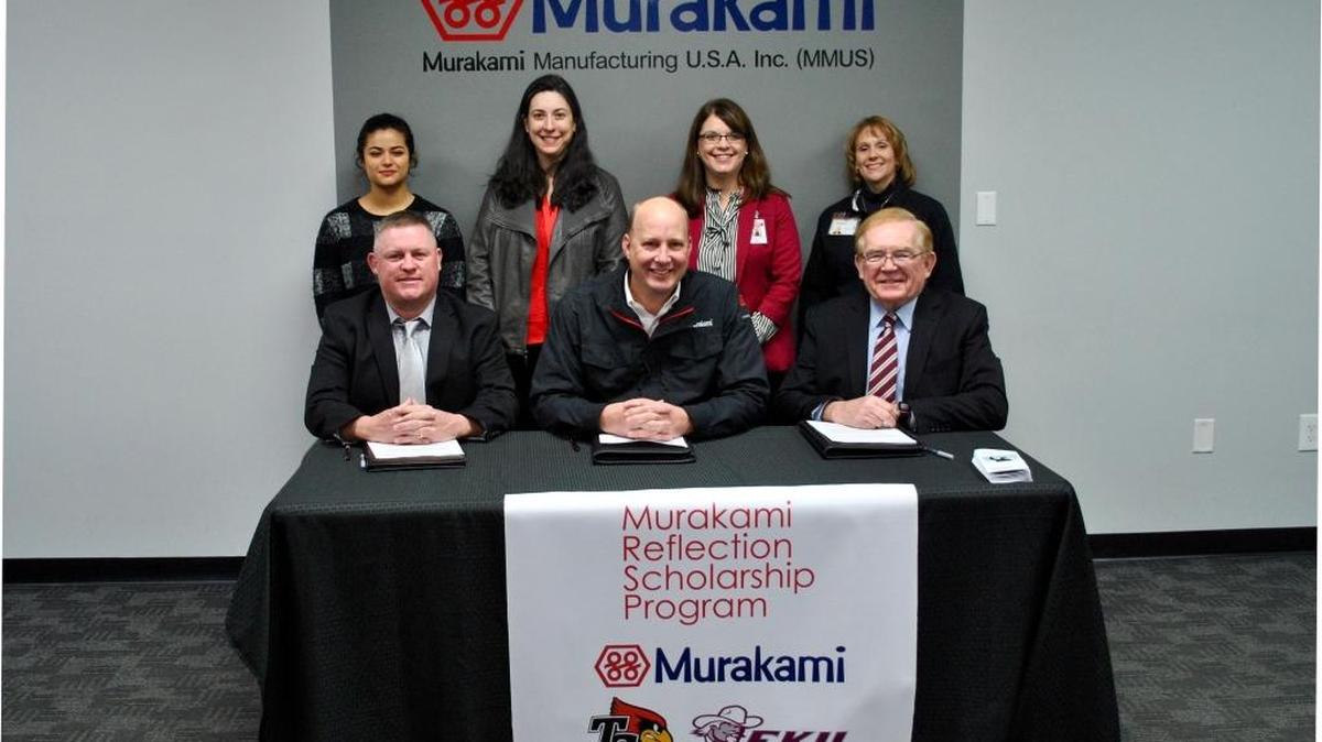 Front row, from left: Charles Higdon, assistant superintendent, Taylor County Schools; Michael Rodenberg, president and chief operating officer, Murakami North America; Thomas Erekson, dean, Eastern Kentucky University College of Business and Technology. Back row, from left: Kristen DeLaGarza, Taylor County High School student; Lindsey McPhearson, college and career ready counselor, Taylor County High School; Laura Benningfield, principal, Taylor County High School; and Angie Miller, administrations/HR manager with Murakami Manufacturing USA.