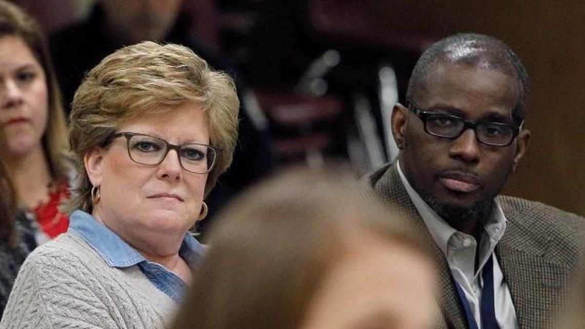 Fayette County Public Schools chairwoman Melissa Bacon, left, and Superintendent Manny Caulk at a recent meeting in Lexington.