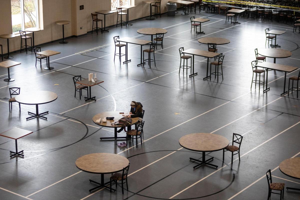Junior Presley Chirico, of Paintsville, sets up a spot to study in a basketball court converted to socially distanced spaces for students in the Buck Fitness Center at Centre College in Danville, Ky., Monday, January 11, 2021. Centre College has started with the winter term, mostly online, with plans for the Spring term to begin cautiously on February 8.
