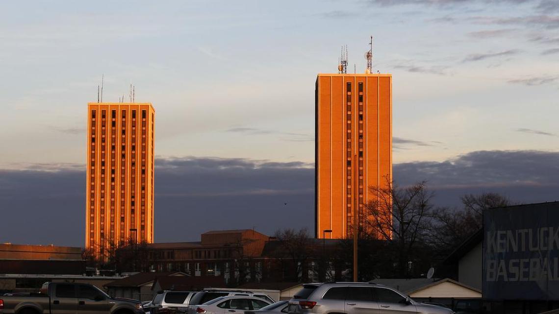 The University of Kentucky’s Kirwan Blanding dorm complex at sunrise in January 2012. The twin 23-story towers are now scheduled for demolition.