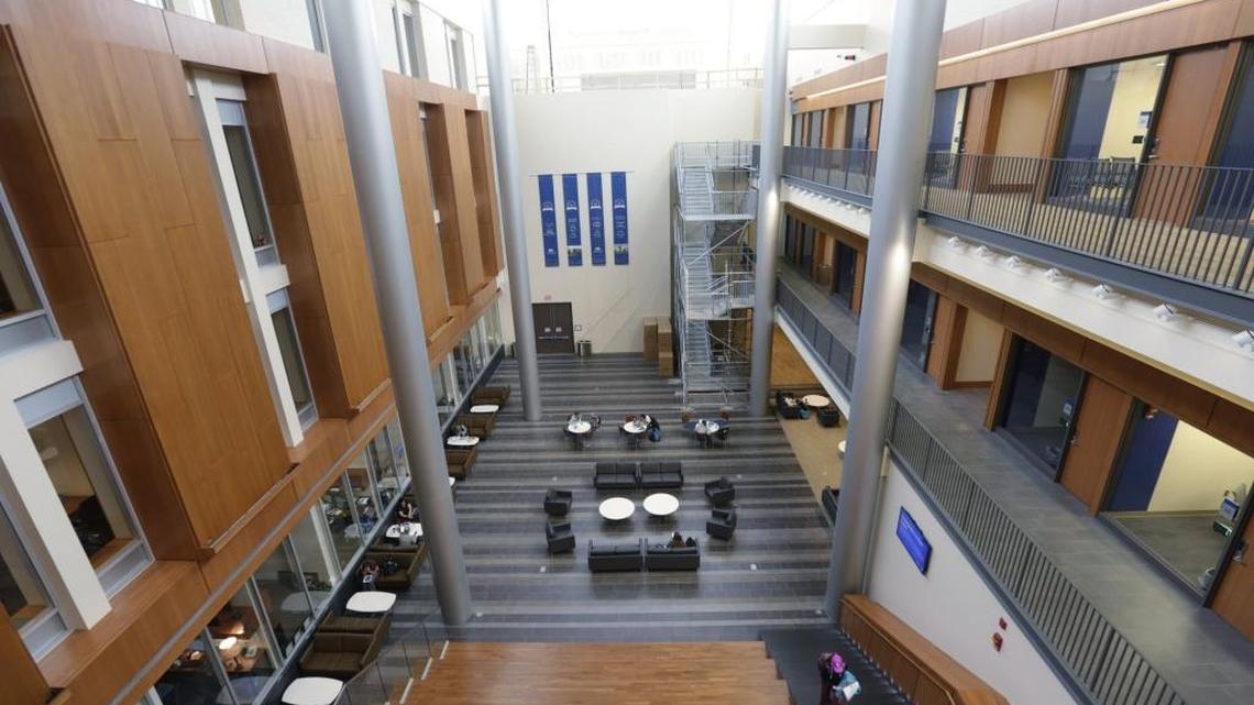 Students used the large atrium in the newly renovated Gatton College of Business to study during “dead week” at the University of Kentucky.