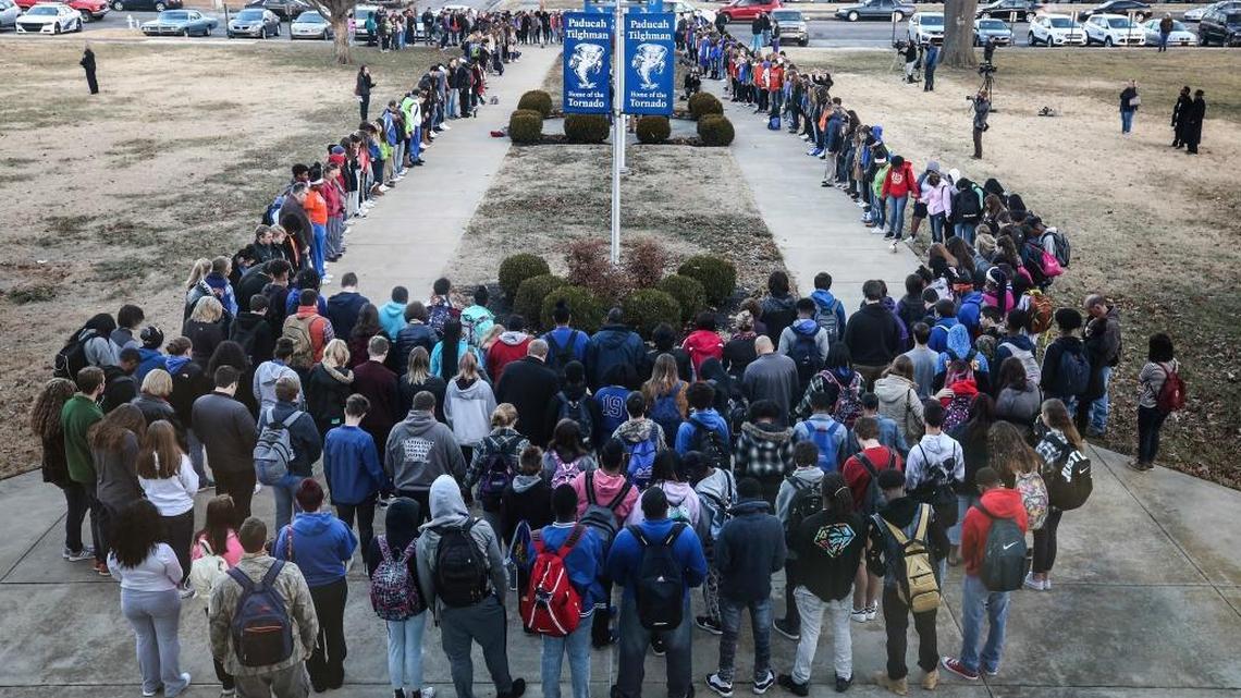 A prayer circle at Paducah Tilghman High School held a prayer circle on Jan. 24, at the school for students at Marshall County High School where two students were killed and 18 others were injured during a shooting the day before.