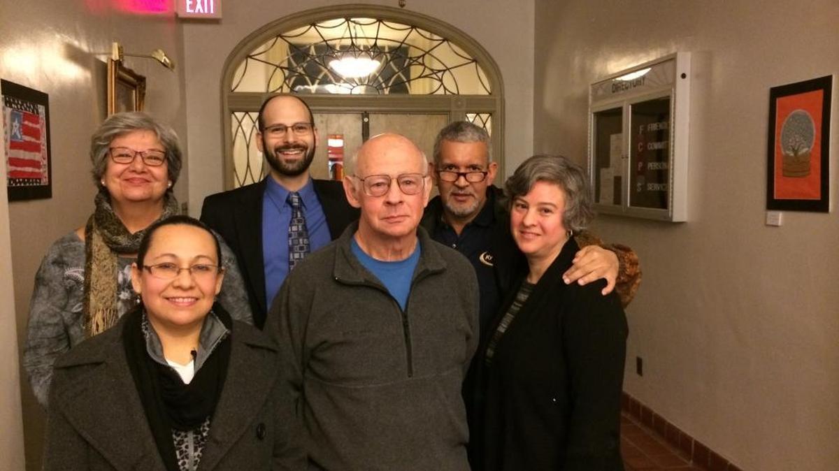 Advocates for immigrant students attended Monday’s Fayette County school board meeting. From left, back row: Betty Abdmishani, Rabbi Moshe Smolkin, Freddy Peralta. Front row: Monica Calleja, Rick Clewett, Naomi Clewitt.