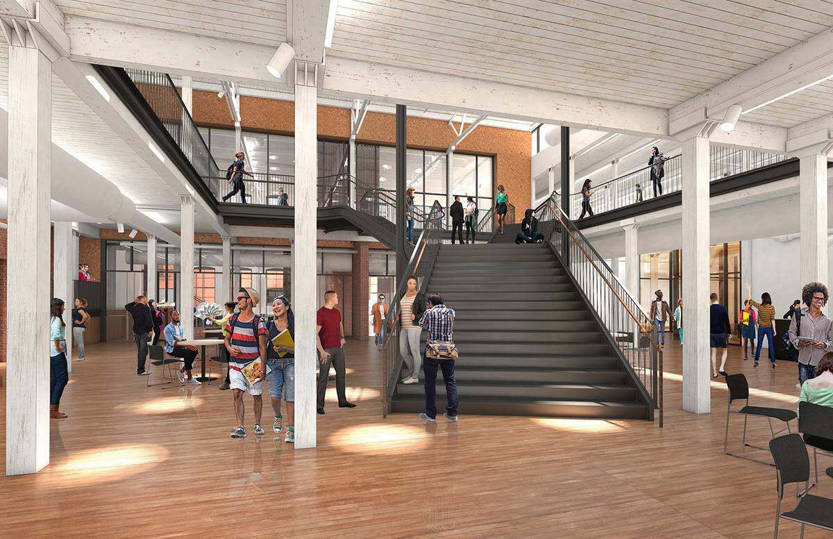 Architectural renderings from the University of Kentucky and Studio Gang show the studio space, entrance and main stairway that are planned for the Reynolds Building.