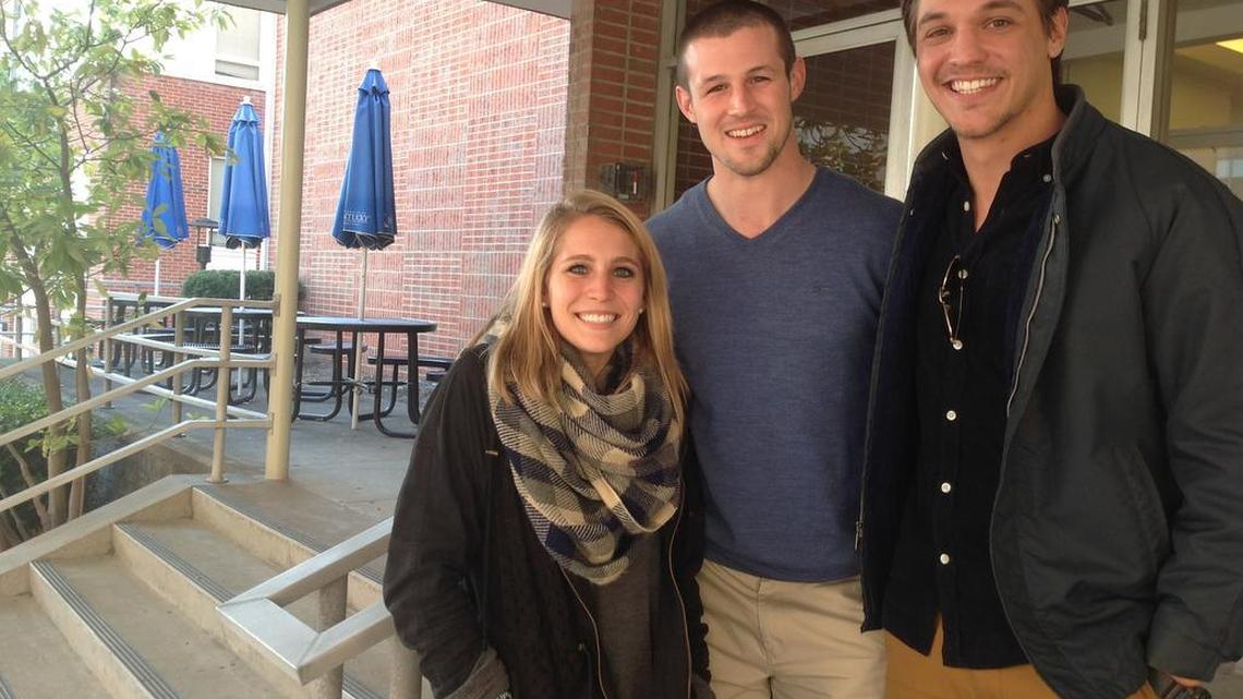 Kelsey Hinken Otten, Alex Elswick and Tyler Allen stand outside the University of Kentucky’s Blazer Dining Hall, where the College Recovery Community will be located. UK staff member Hinken Otten runs the group, which supports students, faculty and staff in recovery on campus.