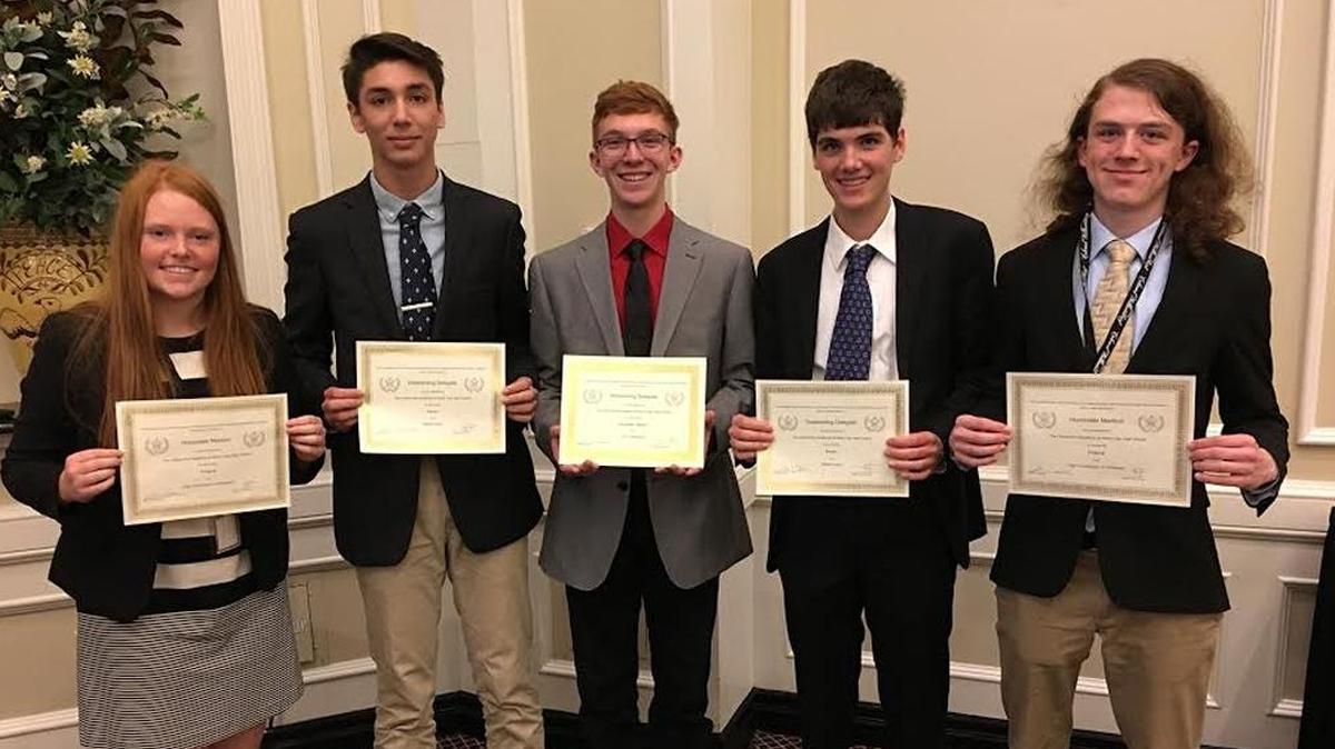 From left, Breland Finch, Santiago D. O’Neil, Donald “Will” Andrews, Samuel B. Clark and Augustine “Gus” Carlson, all of Henry Clay, took home awards from the 31st William and Mary Model United Nations conference in Williamsburg, Va., recently.