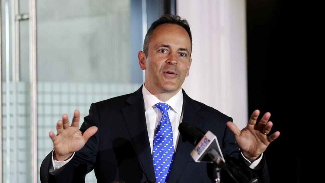 Gov. Matt Bevin, shown here in May announcing a transfer of 70 jobs from California to Churchill Downs in Louisville.