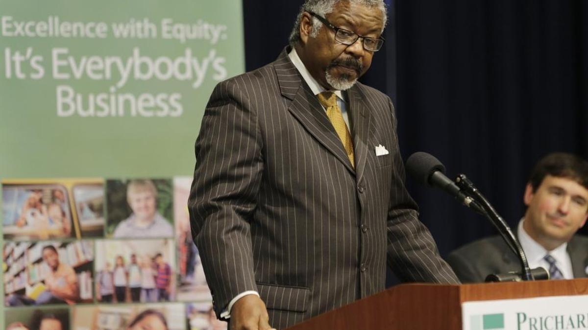 C.B. Akins, study group co-chairman, delivered remarks during a Prichard Committee for Academic Excellence news conference Thursday at the Kentucky History Center in Frankfort. Akins talked about a new report on the academic achievement gap in the state’s schools.