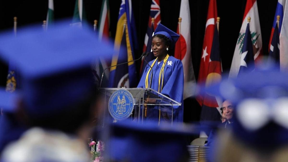 Student speaker Tiwaladeoluwa Adekunle from Ghana addresses the class during UK Commencement at Rupp Arena in Lexington, Ky., Sunday, May 7, 2017.