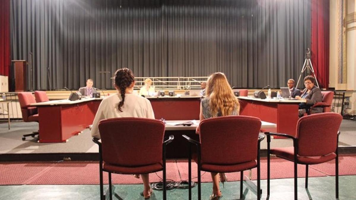 Student Voice Team members Eliza Jane Schaeffer, right, a senior at Henry Clay High School, and Sahar Zadeh, left, a sophomore at Paul Laurence Dunbar High School, asked Fayette County school board members to give a student a seat on the board.