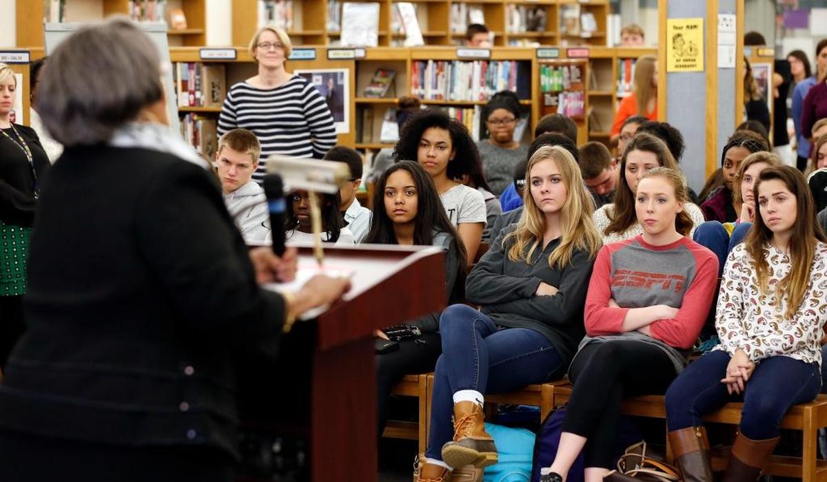 Students at Lafayette High School listened Wednesday as Helen Caise Wade talked about being the first black student to integrate a Fayette County school in summer 1955.