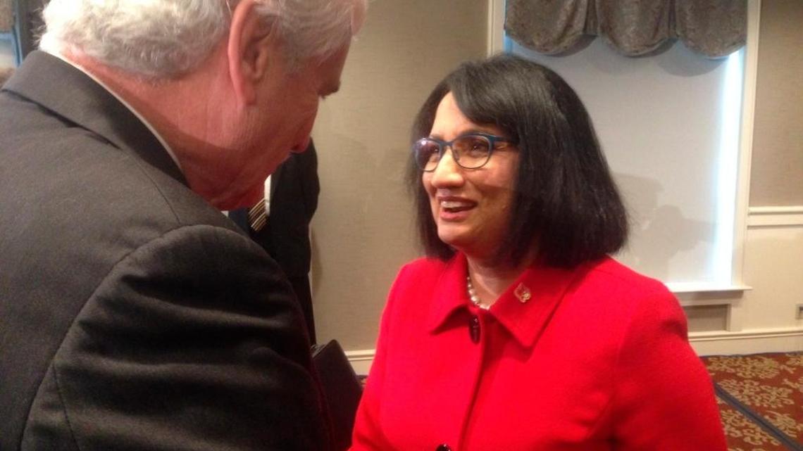 Neeli Bendapudi meets with well wishers after she is introduced as the University of Louisville's new president on Tuesday in Louisville.