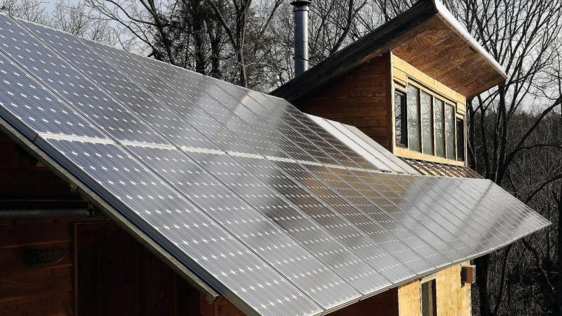 An array of solar panels on Lexington architect Richard Levine’s studio.