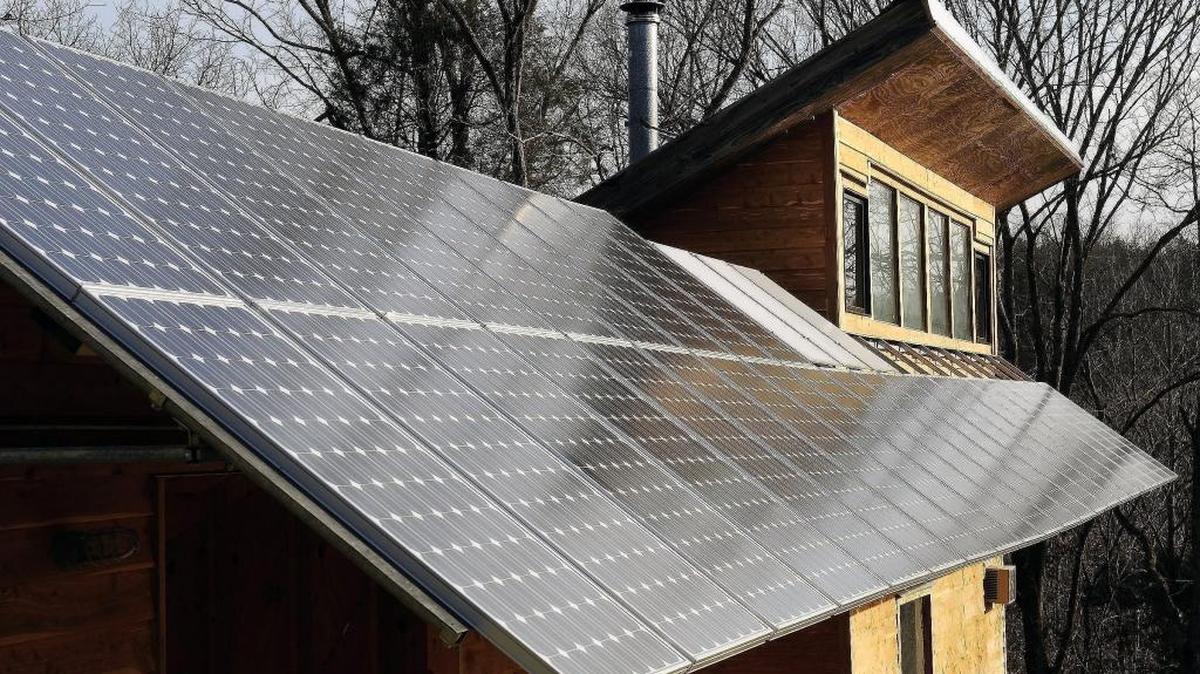 An array of solar panels on Lexington architect Richard Levine’s studio.