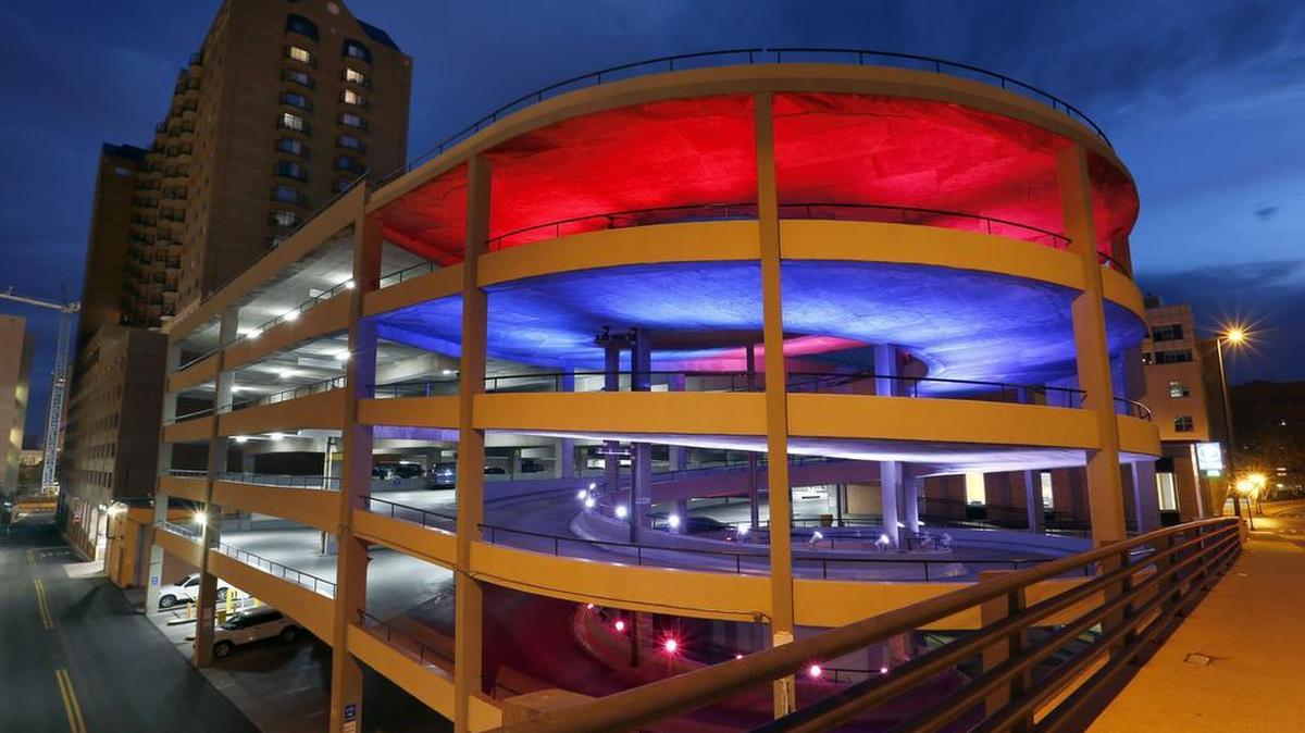 Lexpark’s Helix parking garage on East Main Street was lit in red, white and blue in the first week in October, in honor of the victims of the Las Vegas shooting. Gary Means of LexPark, said the garage is lit in pink during October for Breast Cancer Awareness month, but it was changed to red, white, and blue, for two days to honor the Las Vegas victims.