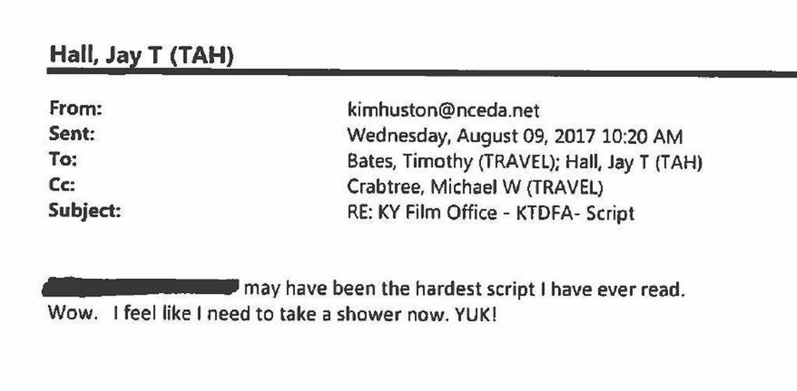 An email sent to the state’s film office in August by Kim Huston, who reviews movie scripts submitted by production companies as a member of the Kentucky Tourism Development Finance Authority. The finance authority decides which companies are approved for Kentucky’s film incentives.