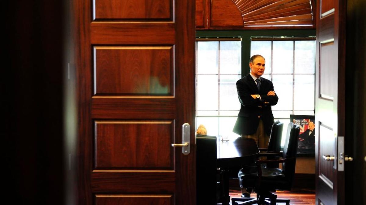FILE -- Oklahoma Attorney General Scott Pruitt at his office in Oklahoma City, July 29, 2014. Pruitt’s brief, tumultuous tenure at the Environmental Protection Agency has left him disgraced in the eyes of many in Washington and across the country, but it may not have done him much harm in his home state.