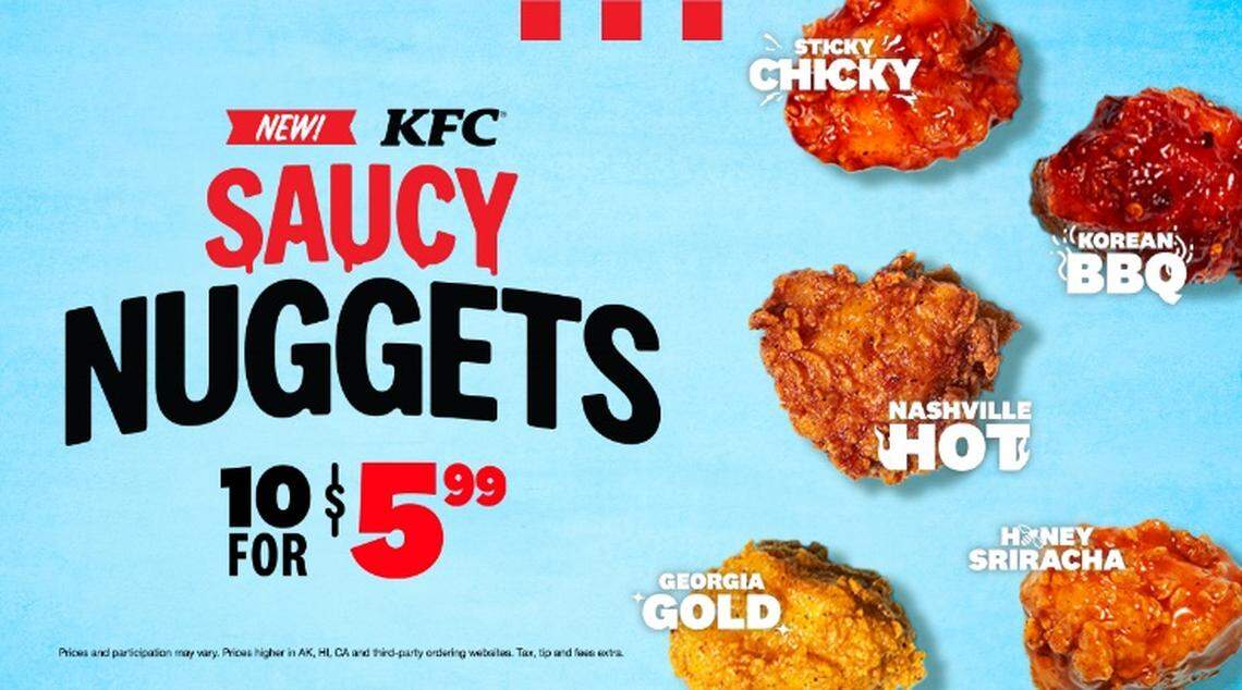 KFC’s new saucy nuggets are available in five flavors, including returning favorites Georgia Gold and Nashville Hot.